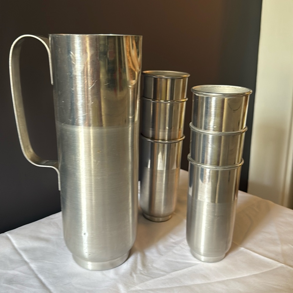 MCM Italian Nasco Spun aluminum pitcher and drink set.